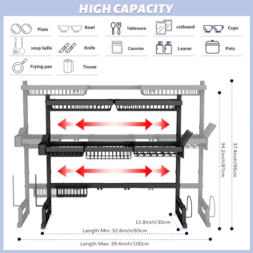 ADBIU Over The Sink Dish Drying Rack (Expandable Height and Length) Snap-On Design 2 Tier Large Dish Rack 31-39.4L x 12W x 34-38H inches - My Kitchen Products