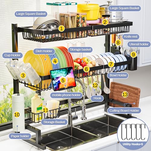 ADBIU Over The Sink Dish Drying Rack (Expandable Height and Length) Snap-On Design 2 Tier Large Dish Rack 31-39.4L x 12W x 34-38H inches - My Kitchen Products