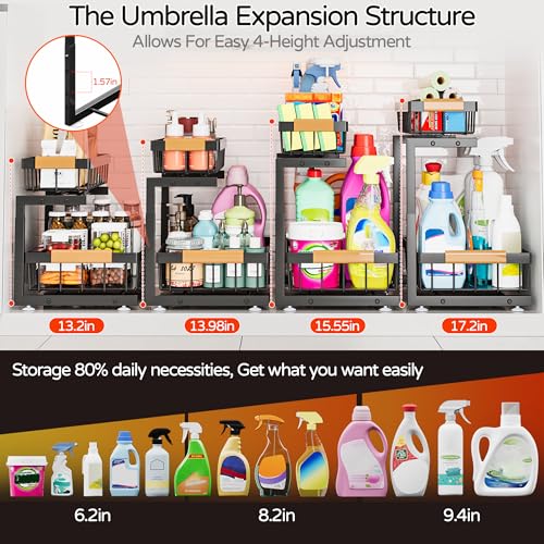 ADBIU Under Sink Organizer, 2 Pack 2 Tier Expandable Height (13.2" - 17.2") Pull out Kitchen Bathroom Cabinet Organizers and Storage Shelf - My Kitchen Products