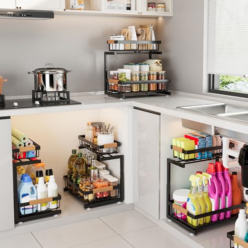 ADBIU Under Sink Organizer, 2 Pack 2 Tier Expandable Height (13.2" - 17.2") Pull out Kitchen Bathroom Cabinet Organizers and Storage Shelf - My Kitchen Products