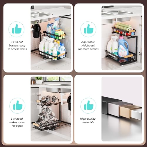 ADBIU Under Sink Organizer, 2 Pack 2 Tier Expandable Height (13.2" - 17.2") Pull out Kitchen Bathroom Cabinet Organizers and Storage Shelf - My Kitchen Products