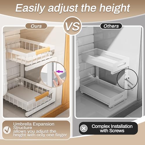 ADBIU Under Sink Organizer 2 Pack, Adjustable Height (11"-15.75") Under Cabinet Storage, 2 Tier Pull Out Sliding Drawers for Kitchen Bathroom, Heavy Duty Metal Shelf, White - My Kitchen Products