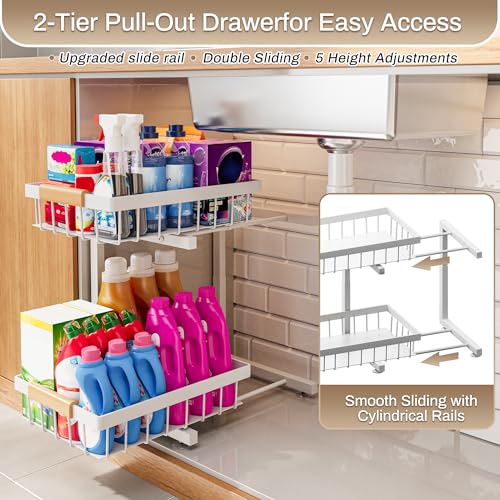 ADBIU Under Sink Organizer 2 Pack, Adjustable Height (11"-15.75") Under Cabinet Storage, 2 Tier Pull Out Sliding Drawers for Kitchen Bathroom, Heavy Duty Metal Shelf, White - My Kitchen Products