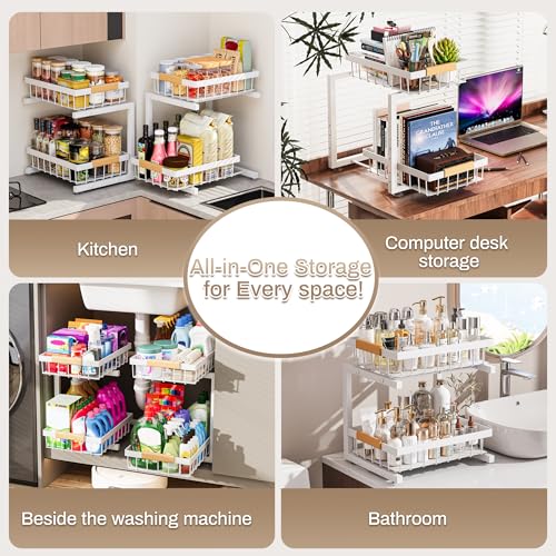ADBIU Under Sink Organizer 2 Pack, Adjustable Height (11"-15.75") Under Cabinet Storage, 2 Tier Pull Out Sliding Drawers for Kitchen Bathroom, Heavy Duty Metal Shelf, White - My Kitchen Products