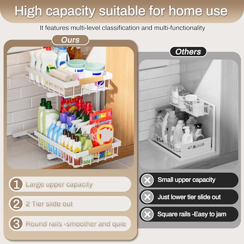 ADBIU Under Sink Organizer 2 Pack, Adjustable Height (11"-15.75") Under Cabinet Storage, 2 Tier Pull Out Sliding Drawers for Kitchen Bathroom, Heavy Duty Metal Shelf, White - My Kitchen Products