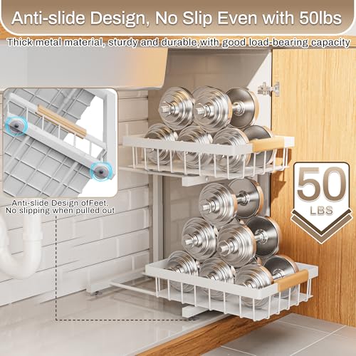 ADBIU Under Sink Organizer 2 Pack, Adjustable Height (11"-15.75") Under Cabinet Storage, 2 Tier Pull Out Sliding Drawers for Kitchen Bathroom, Heavy Duty Metal Shelf, White - My Kitchen Products