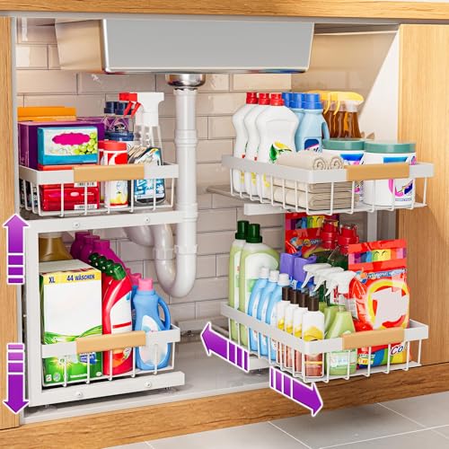 ADBIU Under Sink Organizer 2 Pack, Adjustable Height (11"-15.75") Under Cabinet
