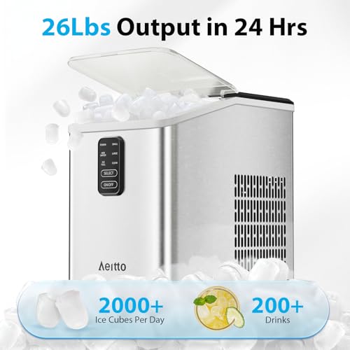Aeitto Ice Maker Countertop 26lbs/24H, Ice Machine 8 Ice Cubes Ready in 6 Mins, 2 Sizes of Bullet Ice Portable Ice Makers with Basket & Scoop, Auto Self-Cleaning for Home/Kitchen/Office Stainless - My Kitchen Products