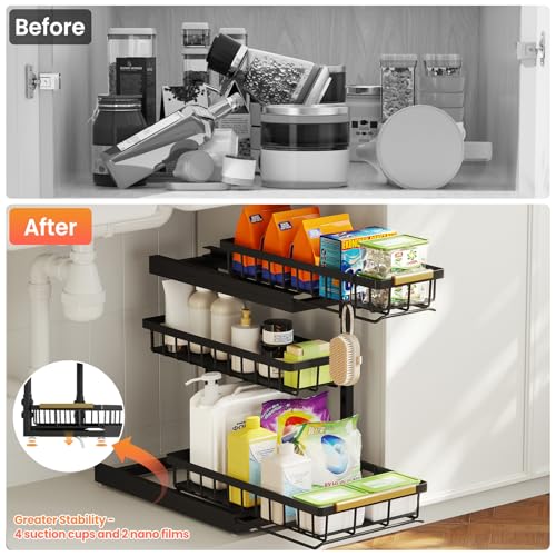 Aekenr Under Sink Organizer and Storage for Bathroom and Kitchen - 2 Pack 3 Tier Under Cabinet Pull Out Shelf Organizers - Slide Out Drawer Organization for Home Cabinets Shelves and Drawers - My Kitchen Products