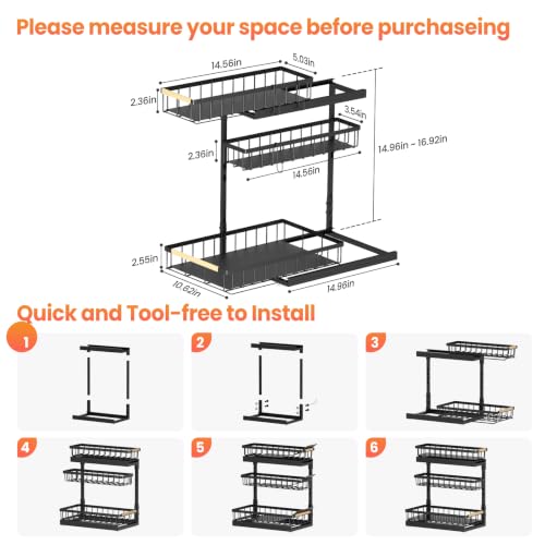 Aekenr Under Sink Organizer and Storage for Bathroom and Kitchen - 2 Pack 3 Tier Under Cabinet Pull Out Shelf Organizers - Slide Out Drawer Organization for Home Cabinets Shelves and Drawers - My Kitchen Products