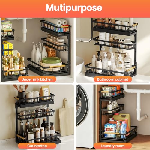 Aekenr Under Sink Organizer and Storage for Bathroom and Kitchen - 2 Pack 3 Tier Under Cabinet Pull Out Shelf Organizers - Slide Out Drawer Organization for Home Cabinets Shelves and Drawers - My Kitchen Products