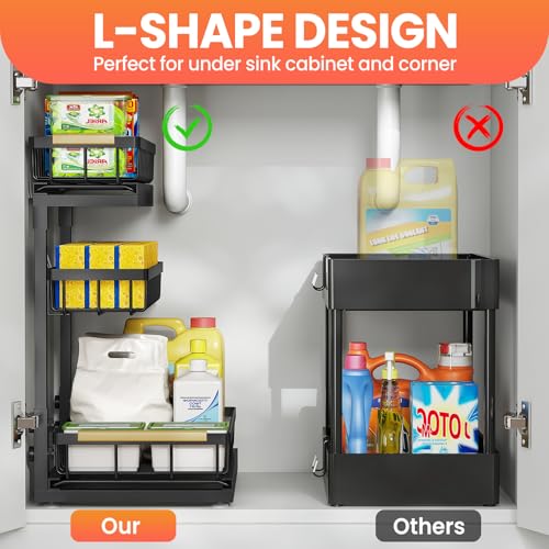 Aekenr Under Sink Organizer and Storage for Bathroom and Kitchen - 2 Pack 3 Tier Under Cabinet Pull Out Shelf Organizers - Slide Out Drawer Organization for Home Cabinets Shelves and Drawers - My Kitchen Products
