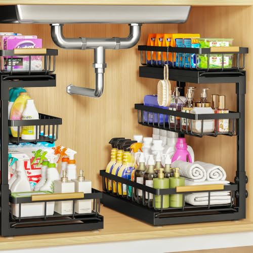 Aekenr Under Sink Organizer and Storage for Bathroom and Kitchen, 2 Pack 3 Tier Under Cabinet Pull Out Shelf