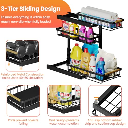 Aekenr Under Sink Organizer and Storage for Bathroom and Kitchen - 2 Pack 3 Tier Under Cabinet Pull Out Shelf Organizers - Slide Out Drawer Organization for Home Cabinets Shelves and Drawers - My Kitchen Products