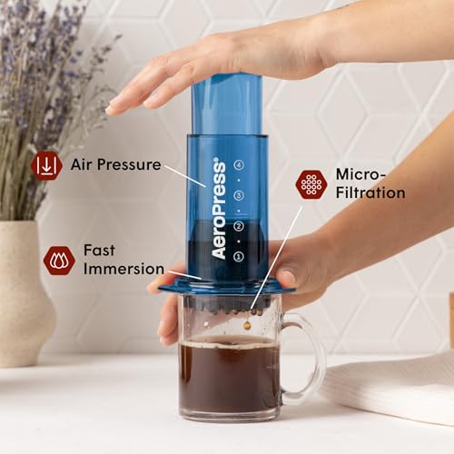 AeroPress Clear Blue Coffee Press - All-in-One French Press, Pour-Over & Espresso Style Manual Brewer, 2 Min Brew for Less Bitterness, More Flavor, Small Portable Coffee Maker, Travel & Camping - My Kitchen Products