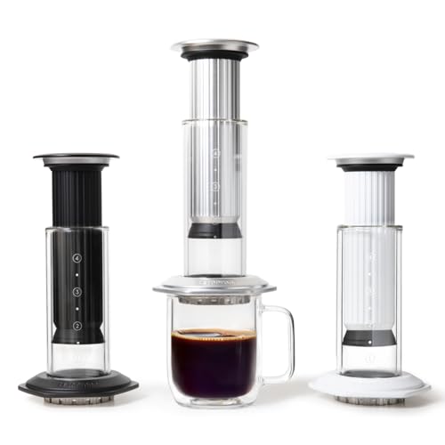 AeroPress Premium Coffee Press, Glass, Stainless Steel & Aluminum Coffee Maker, All-in-One French Press, Pour-Over & Espresso Style Manual Brewer, 2 Min Brew for Less Bitterness, More Flavor, Silver - My Kitchen Products