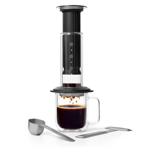 AeroPress Premium Coffee Press, Glass, Stainless Steel & Aluminum Coffee Maker, all-in-One French Press, Pour-Over & Espresso-Style manual brewer, 2 min brew for less bitterness, more flavor (Black) - My Kitchen Products