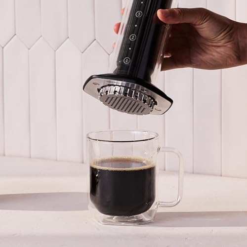 AeroPress Premium Coffee Press, Glass, Stainless Steel & Aluminum Coffee Maker, all-in-One French Press, Pour-Over & Espresso-Style manual brewer, 2 min brew for less bitterness, more flavor (Black) - My Kitchen Products