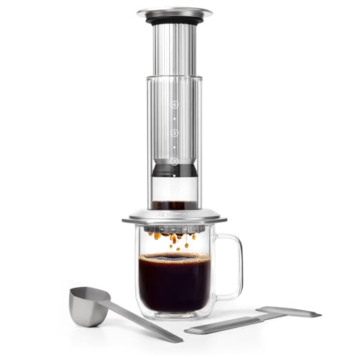 AeroPress Premium Coffee Press, Glass, Stainless Steel & Aluminum Coffee Maker, All-in-One French Press, Pour-Over & Espresso Style Manual Brewer, 2 Min Brew for Less Bitterness, More Flavor, Silver - My Kitchen Products