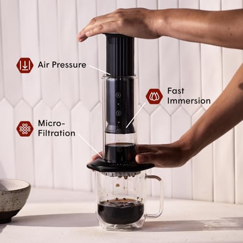 AeroPress Premium Coffee Press, Glass, Stainless Steel & Aluminum Coffee Maker, all-in-One French Press, Pour-Over & Espresso-Style manual brewer, 2 min brew for less bitterness, more flavor (Black) - My Kitchen Products