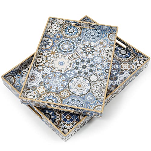 AGIOTA 2 Pcs Serving Tray with Handles Bohemian Decorative Tray Large Ottoman Trays for Living Room Blue Coffee Table Trays