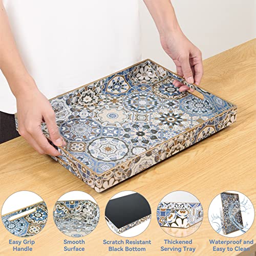 AGIOTA 2 Pcs Serving Tray with Handles Bohemian Decorative Tray Large Ottoman Trays for Living Room Blue Coffee Table Trays for Breakfast - My Kitchen Products