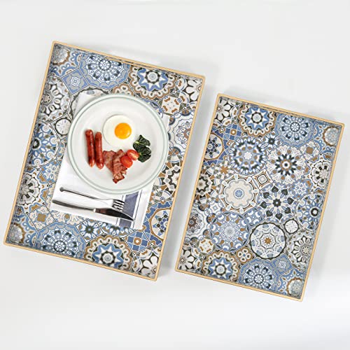 AGIOTA 2 Pcs Serving Tray with Handles Bohemian Decorative Tray Large Ottoman Trays for Living Room Blue Coffee Table Trays for Breakfast - My Kitchen Products
