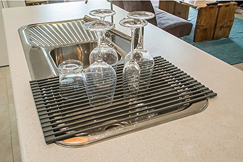 Ahyuan Large Roll up Dish Drying Rack 20.5'' Silicone Over Sink Dish Drying Rack Cubic Silicone Wrapped Steel Solid Bars Dish Racks for Kitchen Counter Sink Drying Rack (Matte Black, Large20.5"Lx13"W) - My Kitchen Products