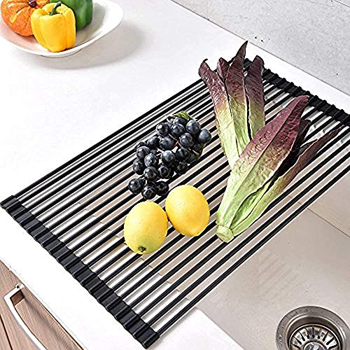 Ahyuan Large Roll up Dish Drying Rack Foldable Dish Rack Over Sink Dish Drainer Roll-up Sink Drying Rack Full Silicone Coated Stainless Still Dish Drying Rack (Matte Black, 20.5''X13.13'') - My Kitchen Products