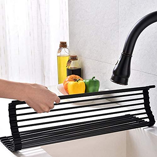 Ahyuan Large Roll up Dish Drying Rack Foldable Dish Rack Over Sink Dish Drainer Roll-up Sink Drying Rack Full Silicone Coated Stainless Still Dish Drying Rack (Matte Black, 20.5''X13.13'') - My Kitchen Products