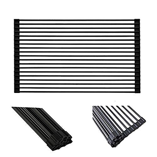 Ahyuan Large Roll up Dish Drying Rack Foldable Dish Rack Over Sink Dish Drainer Roll-up Sink Drying Rack Full Silicone Coated Stainless Still Dish Drying Rack (Matte Black, 20.5''X13.13'') - My Kitchen Products
