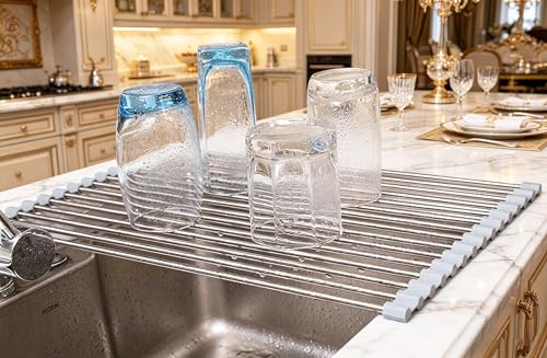 Ahyuan Roll up Dish Drying Rack Over The Sink Kitchen Roll up Sink Drying Rack Portable Dish Drainer Foldable Dish Drying Rack (Warm Gray, 17.8''X11.8'') - My Kitchen Products