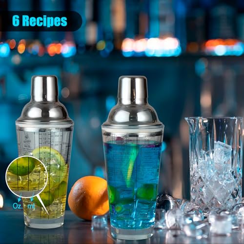 Ailelan Glass Cocktail Shaker with Strainer, 14oz Martini Shaker with 6 Recipes On Side, Clear Drink Shaker Bottle with Measurements, Bar Shakers Set Bartender Kit for Mixing Cocktail, Margarita - My Kitchen Products