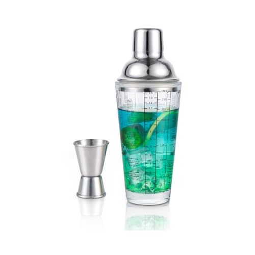 Ailelan Glass Cocktail Shaker with Strainer, 14oz Martini Shaker with 6 Recipes On