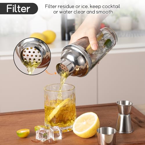 Ailelan Glass Cocktail Shaker with Strainer, 14oz Martini Shaker with 6 Recipes On Side, Clear Drink Shaker Bottle with Measurements, Bar Shakers Set Bartender Kit for Mixing Cocktail, Margarita - My Kitchen Products