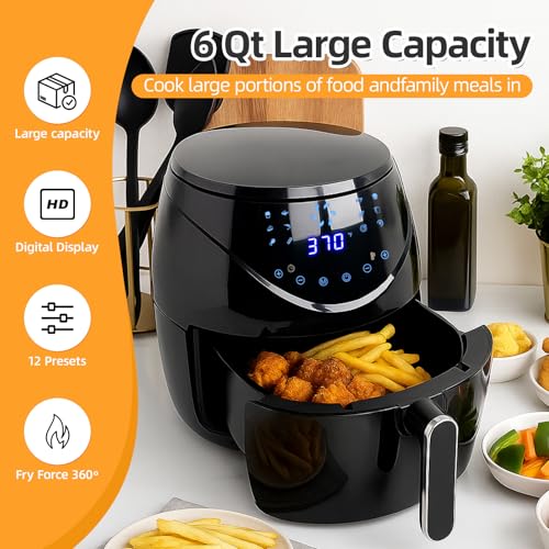 Air Fryer 6.5 QT Extra Hot Air Fryer for Crispy Cooking Bake Roast Nonstick High Gloss Black Finish Perfect for Healthy Meals Kitchen Appliance - My Kitchen Products
