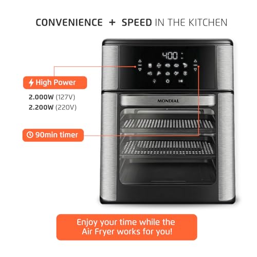 Air Fryer Oven 1800W, 12.7QT Capacity, Touchscreen Panel, Automatic Shut-Off, Toaster + Airfryer – Black & Stainless Steel – Mondial - My Kitchen Products