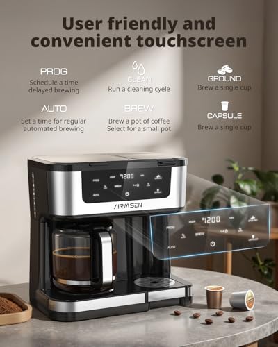 AIRMSEN 12-Cup Programmable Dual Coffee Maker – Single Serve Machine for K-Cup Pods & Ground, 1000W Fast Brew, Delay Start, 2H Keep Warm, Touchscreen, 60oz Tank, Glass Carafe – Home & Office - My Kitchen Products
