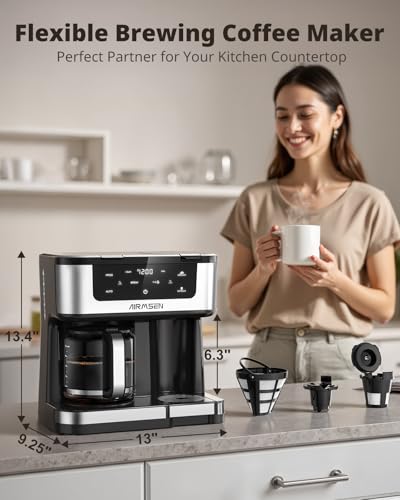 AIRMSEN 12-Cup Programmable Dual Coffee Maker – Single Serve Machine for K-Cup Pods & Ground, 1000W Fast Brew, Delay Start, 2H Keep Warm, Touchscreen, 60oz Tank, Glass Carafe – Home & Office - My Kitchen Products