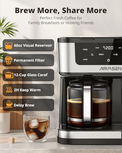 AIRMSEN 12-Cup Programmable Dual Coffee Maker – Single Serve Machine for K-Cup Pods & Ground, 1000W Fast Brew, Delay Start, 2H Keep Warm, Touchscreen, 60oz Tank, Glass Carafe – Home & Office - My Kitchen Products