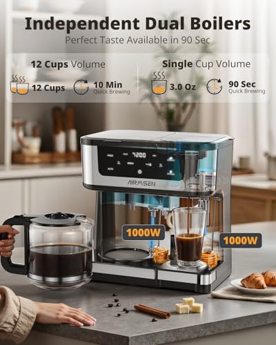 AIRMSEN 12-Cup Programmable Dual Coffee Maker – Single Serve Machine for K-Cup Pods & Ground, 1000W Fast Brew, Delay Start, 2H Keep Warm, Touchscreen, 60oz Tank, Glass Carafe – Home & Office - My Kitchen Products
