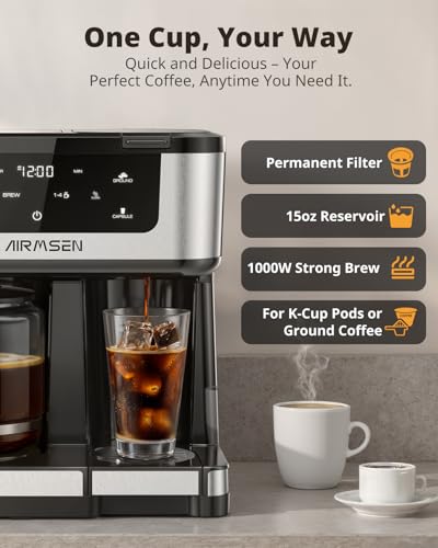 AIRMSEN 12-Cup Programmable Dual Coffee Maker – Single Serve Machine for K-Cup Pods & Ground, 1000W Fast Brew, Delay Start, 2H Keep Warm, Touchscreen, 60oz Tank, Glass Carafe – Home & Office - My Kitchen Products