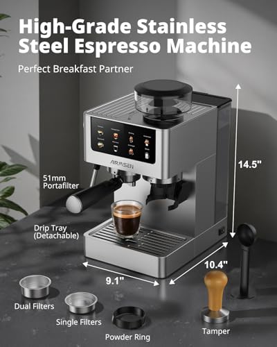 AIRMSEN Espresso Machines with Burr Grinder, 20 Bar, Milk Frother Steam Wand, Stainless Steel Coffee Maker for Home - Cappuccino Latte & Cold Brew Iced Coffee Maker & Americano - My Kitchen Products