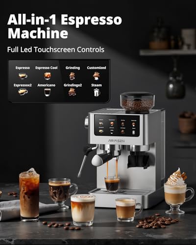 AIRMSEN Espresso Machines with Burr Grinder, 20 Bar, Milk Frother Steam Wand, Stainless Steel Coffee Maker for Home - Cappuccino Latte & Cold Brew Iced Coffee Maker & Americano - My Kitchen Products