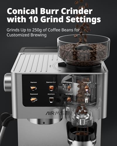 AIRMSEN Espresso Machines with Burr Grinder, 20 Bar, Milk Frother Steam Wand, Stainless Steel Coffee Maker for Home - Cappuccino Latte & Cold Brew Iced Coffee Maker & Americano - My Kitchen Products
