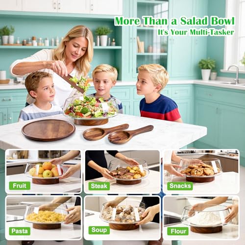 Airsent Extra Large Glass Salad Bowl with Lid Set, 5-Qt (160 fl oz) Mixing/Serving Bowl with Wood Base & Salad Servers, Trifle Bowl for Kitchen, Parties & Christmas - My Kitchen Products