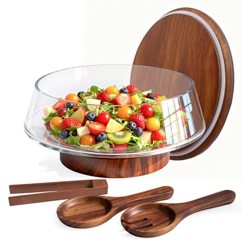 Airsent Extra Large Glass Salad Bowl with Lid Set, 5-Qt (160 fl oz) Mixing/Serving Bowl with Wood Base & Salad