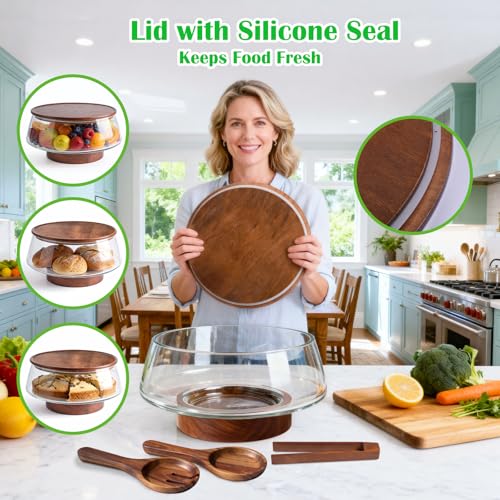 Airsent Extra Large Glass Salad Bowl with Lid Set, 5-Qt (160 fl oz) Mixing/Serving Bowl with Wood Base & Salad Servers, Trifle Bowl for Kitchen, Parties & Christmas - My Kitchen Products