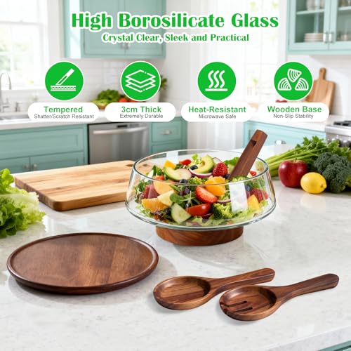 Airsent Extra Large Glass Salad Bowl with Lid Set, 5-Qt (160 fl oz) Mixing/Serving Bowl with Wood Base & Salad Servers, Trifle Bowl for Kitchen, Parties & Christmas - My Kitchen Products