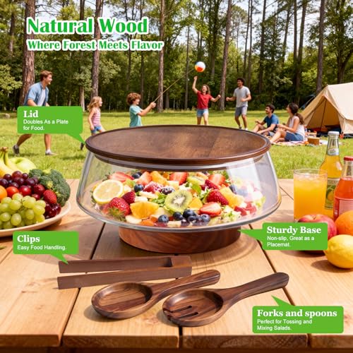 Airsent Extra Large Glass Salad Bowl with Lid Set, 5-Qt (160 fl oz) Mixing/Serving Bowl with Wood Base & Salad Servers, Trifle Bowl for Kitchen, Parties & Christmas - My Kitchen Products